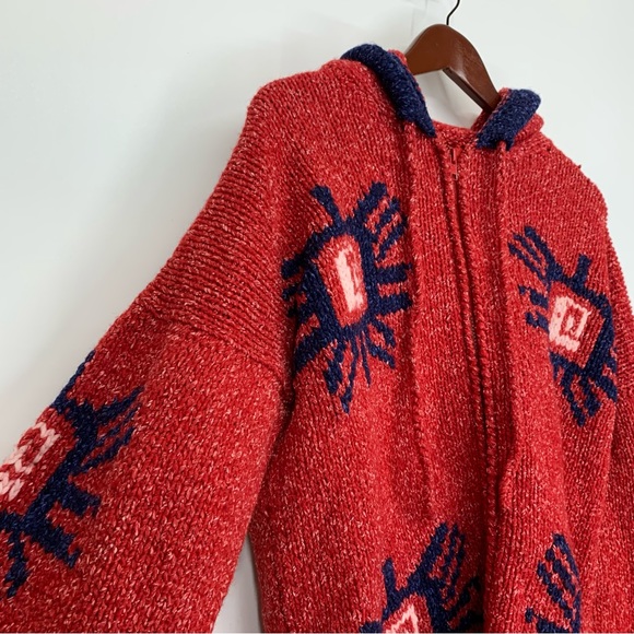 La Llama 100% Wool Full Zip Hand Knit Drop Shoulder Shacket Hoodie From Ecuador - Picture 3 of 16